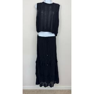Anthropologie Solitaire Black Crochet Knit 2-Piece Set XL Tank Top & Maxi Skirt